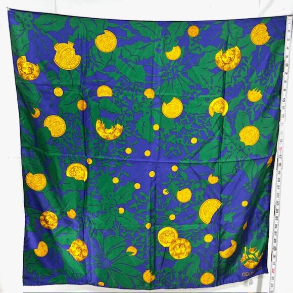 Vgt  Celine Paris 100% Silk Scarf Satin 34"  Green Blue Purple Floral Gold   (38 - Picture 12 of 16